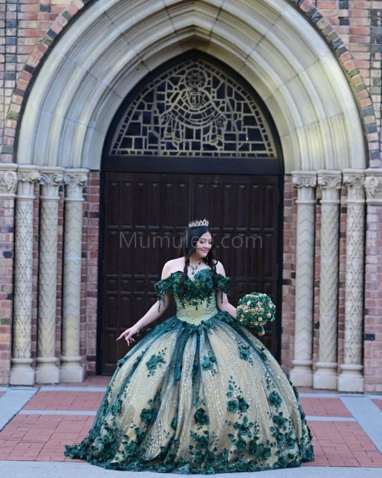 Off Shoulder Green On Nude Quinceanera Dress Sweetheart Neck 15 Dresses With 3D Flowers