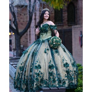 Off Shoulder Green On Nude Quinceanera Dress Sweetheart Neck 15 Dresses With 3D Flowers