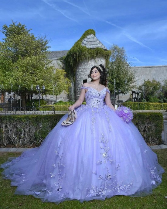 Off Shoulder Lilac Quinceanera Dress Metallic Sequin V Neck 15 Dresses