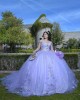 Off Shoulder Lilac Quinceanera Dress Metallic Sequin V Neck 15 Dresses