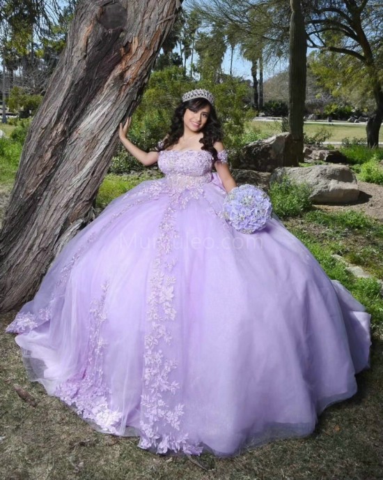 Off Shoulder Lilac Quinceanera Dress Square Collar Lace Appliques 15 Dresses