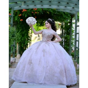 Off Shoulder Lilac Quinceanera Dress Sweetheart Neck Metallic Sequin 15 Dresses