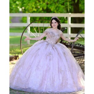 Off Shoulder Lilac Quinceanera Dress Sweetheart Neck Metallic Sequin 15 Dresses