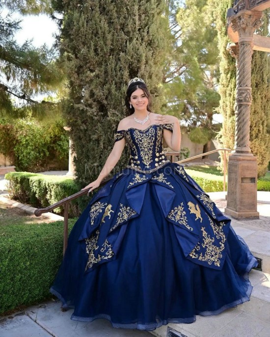 Off Shoulder Navy Blue Quince Dresses Lace Appliques Sweetheart Neck 15 Dress