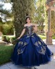 Off Shoulder Navy Blue Quince Dresses Lace Appliques Sweetheart Neck 15 Dress