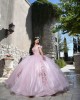 Off Shoulder Pink Quince Dresses Lace Appliques Sweetheart Neck 15 Dress