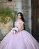 Off Shoulder Pink Quince Dresses Lace Appliques Sweetheart Neck 15 Dress