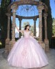 Off Shoulder Pink Quince Dresses Lace Appliques Sweetheart Neck 15 Dress