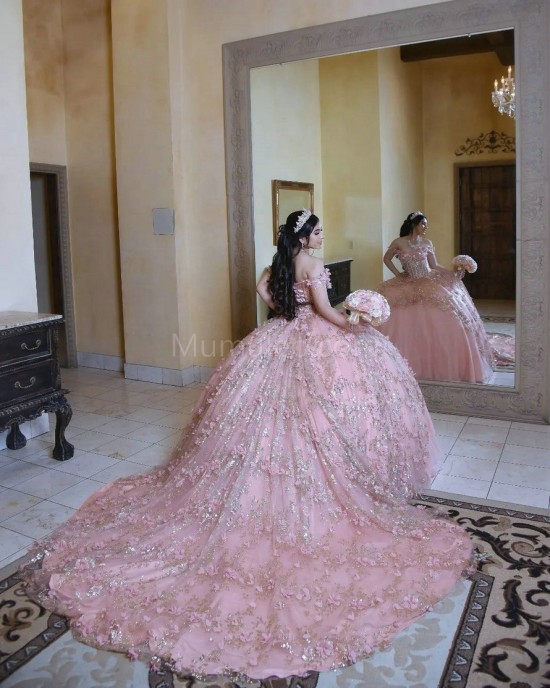 Off Shoulder Pink Quinceanera Dress Sheer Bodice Sweetheart Neck 15 Dresses With 3D Flowers