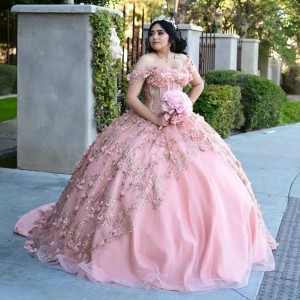 Off Shoulder Pink Quinceanera Dress Sweetheart Neck 3D Flowers 15 Dresses