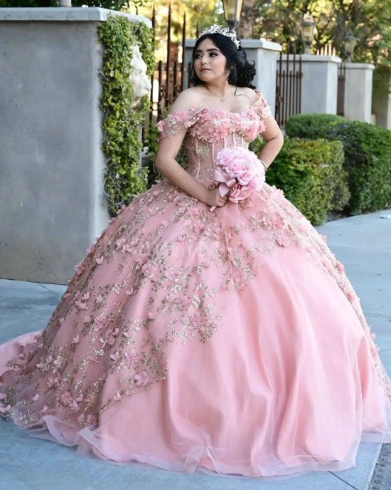 Off Shoulder Pink Quinceanera Dress Sweetheart Neck 3D Flowers 15 Dresses