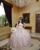 Off Shoulder Pink Quinceanera Dress V Neck Metallic Sequin 15 Dresses