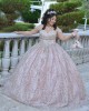 Off Shoulder Pink Quinceanera Dress V Neck Metallic Sequin 15 Dresses