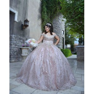 Off Shoulder Pink Quinceanera Dress V Neck Metallic Sequin 15 Dresses