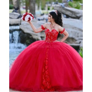 Off Shoulder Red Quince Dresses Lace Appliques Pearl Sweetheart Neck 15 Dress