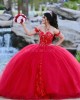 Off Shoulder Red Quince Dresses Lace Appliques Pearl Sweetheart Neck 15 Dress