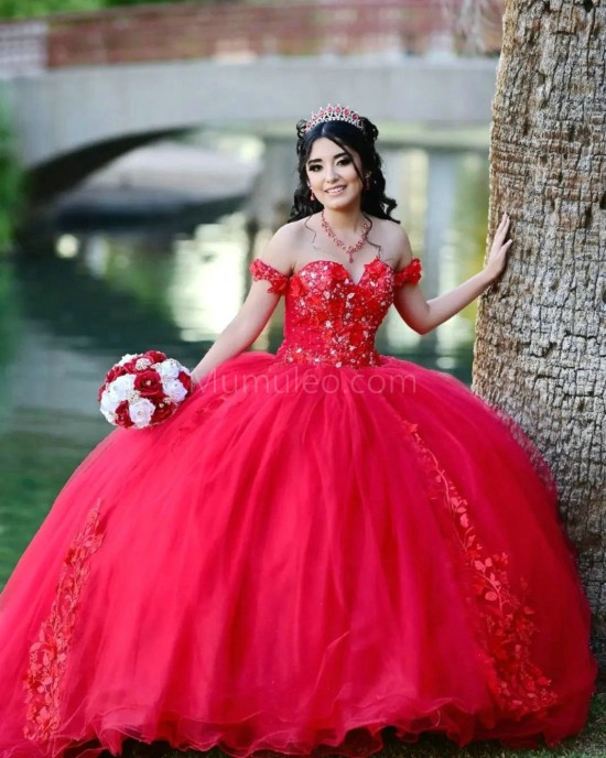 Off Shoulder Red Quince Dresses Lace Appliques Pearl Sweetheart Neck 15 Dress