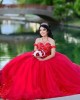 Off Shoulder Red Quince Dresses Lace Appliques Pearl Sweetheart Neck 15 Dress