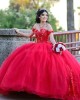 Off Shoulder Red Quince Dresses Lace Appliques Pearl Sweetheart Neck 15 Dress