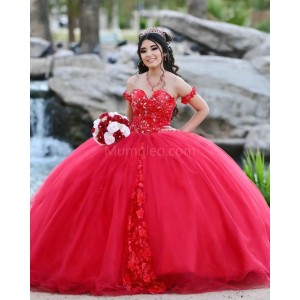 Off Shoulder Red Quince Dresses Lace Appliques Pearl Sweetheart Neck 15 Dress