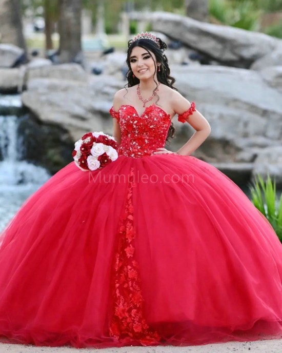 Off Shoulder Red Quince Dresses Lace Appliques Pearl Sweetheart Neck 15 Dress