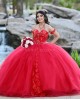 Off Shoulder Red Quince Dresses Lace Appliques Pearl Sweetheart Neck 15 Dress