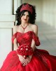 Off Shoulder Red Quinceanera Dress Scoop Neck Metallic Sequin 15 Dresses