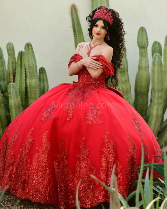 Off Shoulder Red Quinceanera Dress Scoop Neck Metallic Sequin 15 Dresses