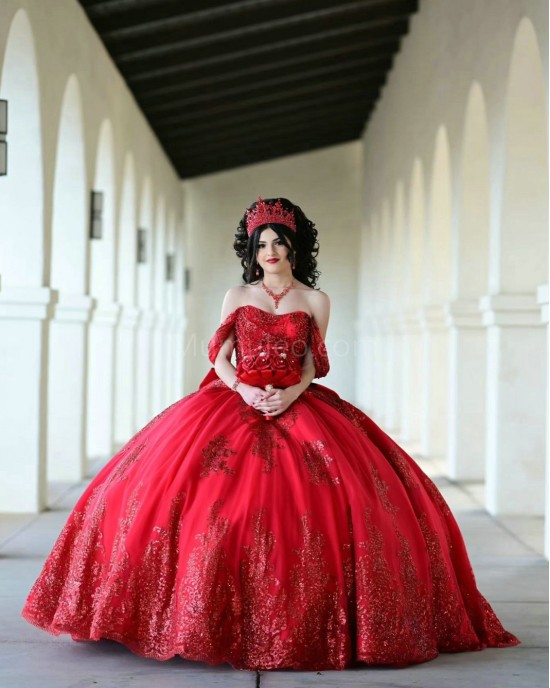 Off Shoulder Red Quinceanera Dress Scoop Neck Metallic Sequin 15 Dresses