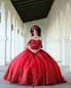 Off Shoulder Red Quinceanera Dress Scoop Neck Metallic Sequin 15 Dresses