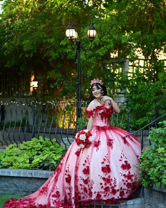 Off Shoulder Red Quinceanera Dress Sweetheart Neck 3D Flowers 15 Dresses