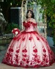 Off Shoulder Red Quinceanera Dress Sweetheart Neck 3D Flowers 15 Dresses