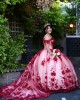 Off Shoulder Red Quinceanera Dress Sweetheart Neck 3D Flowers 15 Dresses