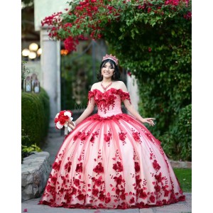 Off Shoulder Red Quinceanera Dress Sweetheart Neck 3D Flowers 15 Dresses