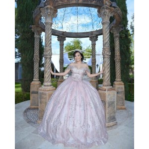 Off Shoulder Rose Gold Quinceanera Dress Metallic Sequin Sweetheart Neck 15 Dresses