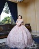 Off Shoulder Rose Gold Quinceanera Dress Metallic Sequin Sweetheart Neck 15 Dresses