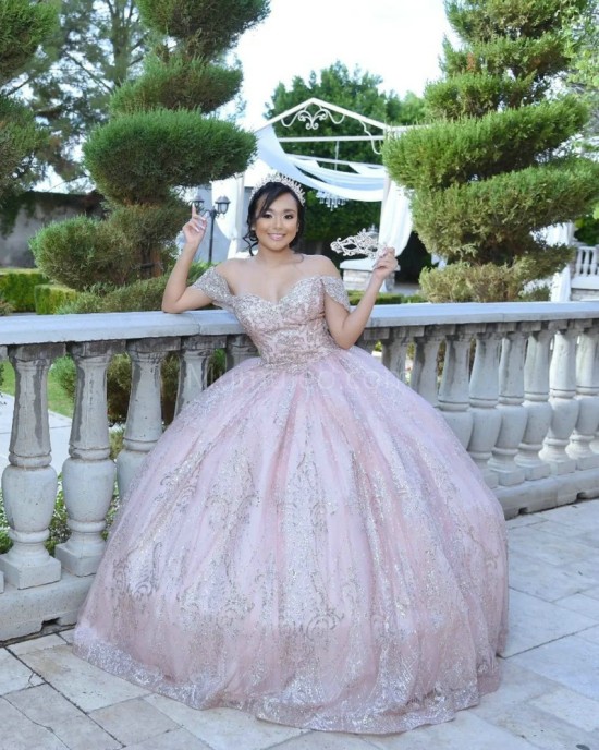 Off Shoulder Rose Gold Quinceanera Dress Metallic Sequin Sweetheart Neck 15 Dresses