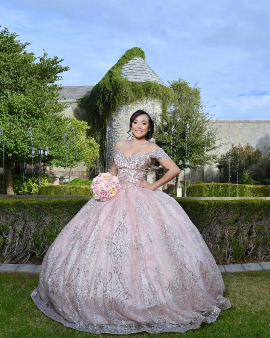 Off Shoulder Rose Gold Quinceanera Dress Metallic Sequin Sweetheart Neck 15 Dresses