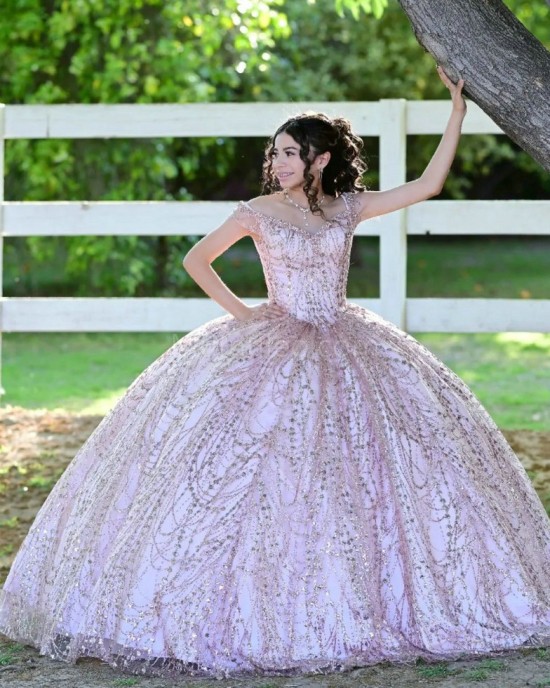 Off Shoulder Rose Gold Quinceanera Dress Sweetheart Neck Metallic Sequin 15 Dresses