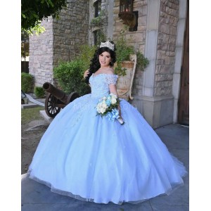 Off Shoulder Sky Blue Quince Dresses Lace Appliques V Neck 15 Dress