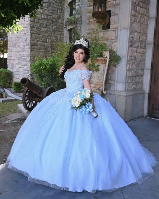 Off Shoulder Sky Blue Quince Dresses Lace Appliques V Neck 15 Dress