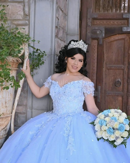 Off Shoulder Sky Blue Quince Dresses Lace Appliques V Neck 15 Dress