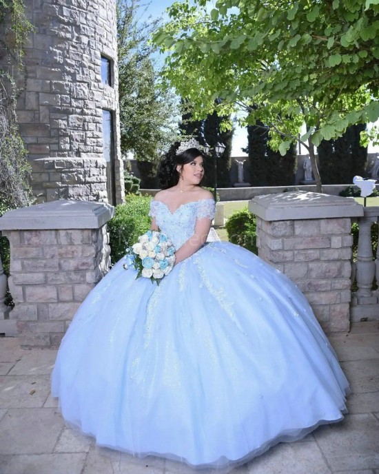 Off Shoulder Sky Blue Quince Dresses Lace Appliques V Neck 15 Dress