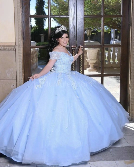 Off Shoulder Sky Blue Quince Dresses Lace Appliques V Neck 15 Dress