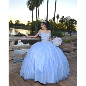 Off Shoulder Sky Blue Quinceanera Dress Lace Appliques Sweetheart Neck 15 Dresses With 3D Butterfly