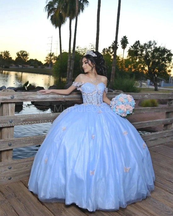 Off Shoulder Sky Blue Quinceanera Dress Lace Appliques Sweetheart Neck 15 Dresses With 3D Butterfly