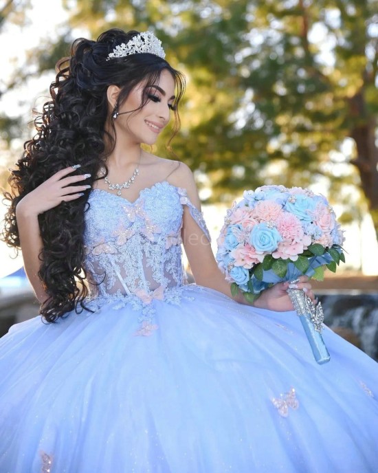 Off Shoulder Sky Blue Quinceanera Dress Lace Appliques Sweetheart Neck 15 Dresses With 3D Butterfly