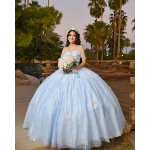 Off Shoulder Sky Blue Quinceanera Dress Lace Appliques Sweetheart Neck 15 Dresses With 3D Butterfly