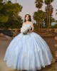 Off Shoulder Sky Blue Quinceanera Dress Lace Appliques Sweetheart Neck 15 Dresses With 3D Butterfly