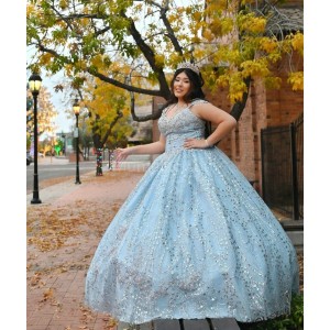 Off Shoulder Sky Blue Quinceanera Dress Metallic Sequin V Neck 15 Dresses